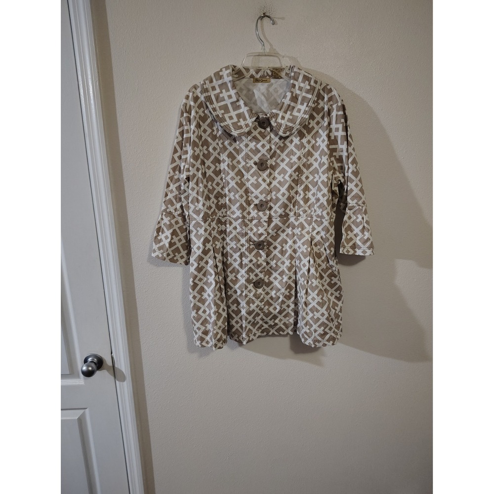 Oh Gussie! Tan White Geometric Lattice Button Front Jacket XXL Cotton Bell Sleev